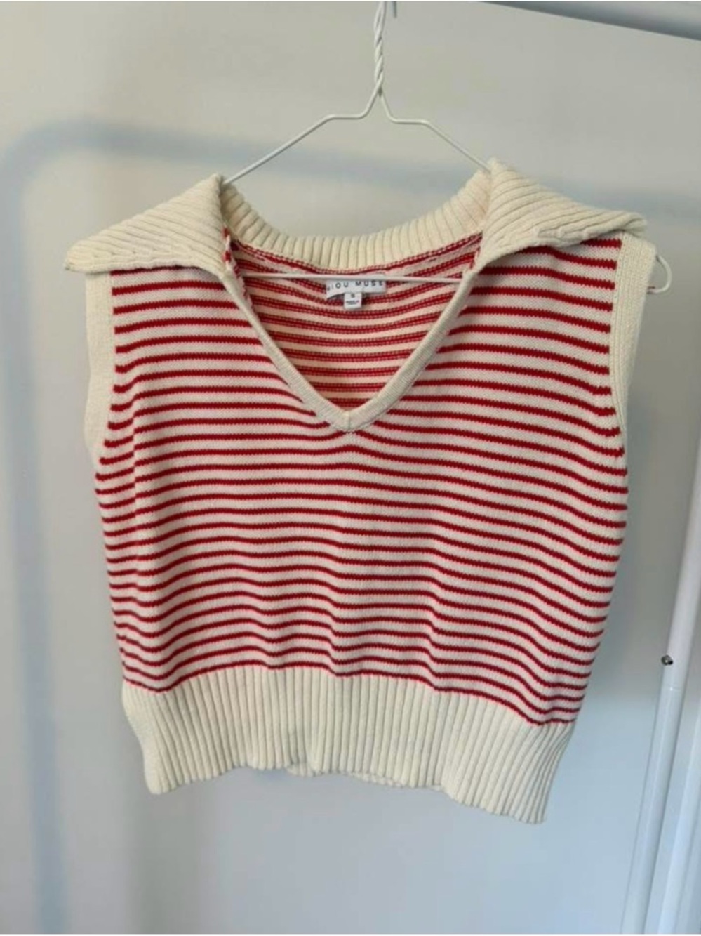 Striped Knit Sleeveless Sweater Vest in Red and Cream